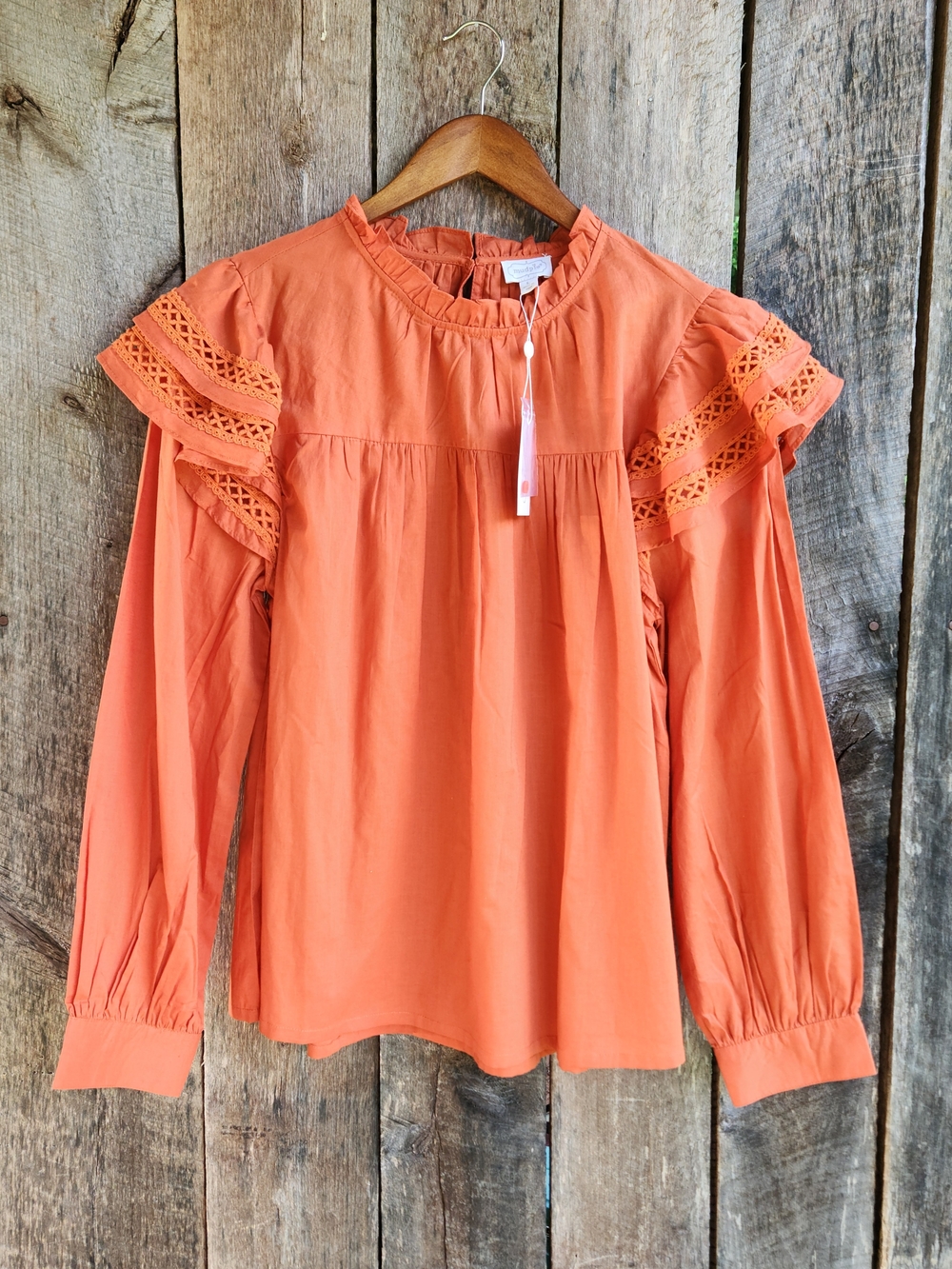 Mudpie Orange Cotton Blouse With Ruffled Lace Sleeve Women's Large NWT